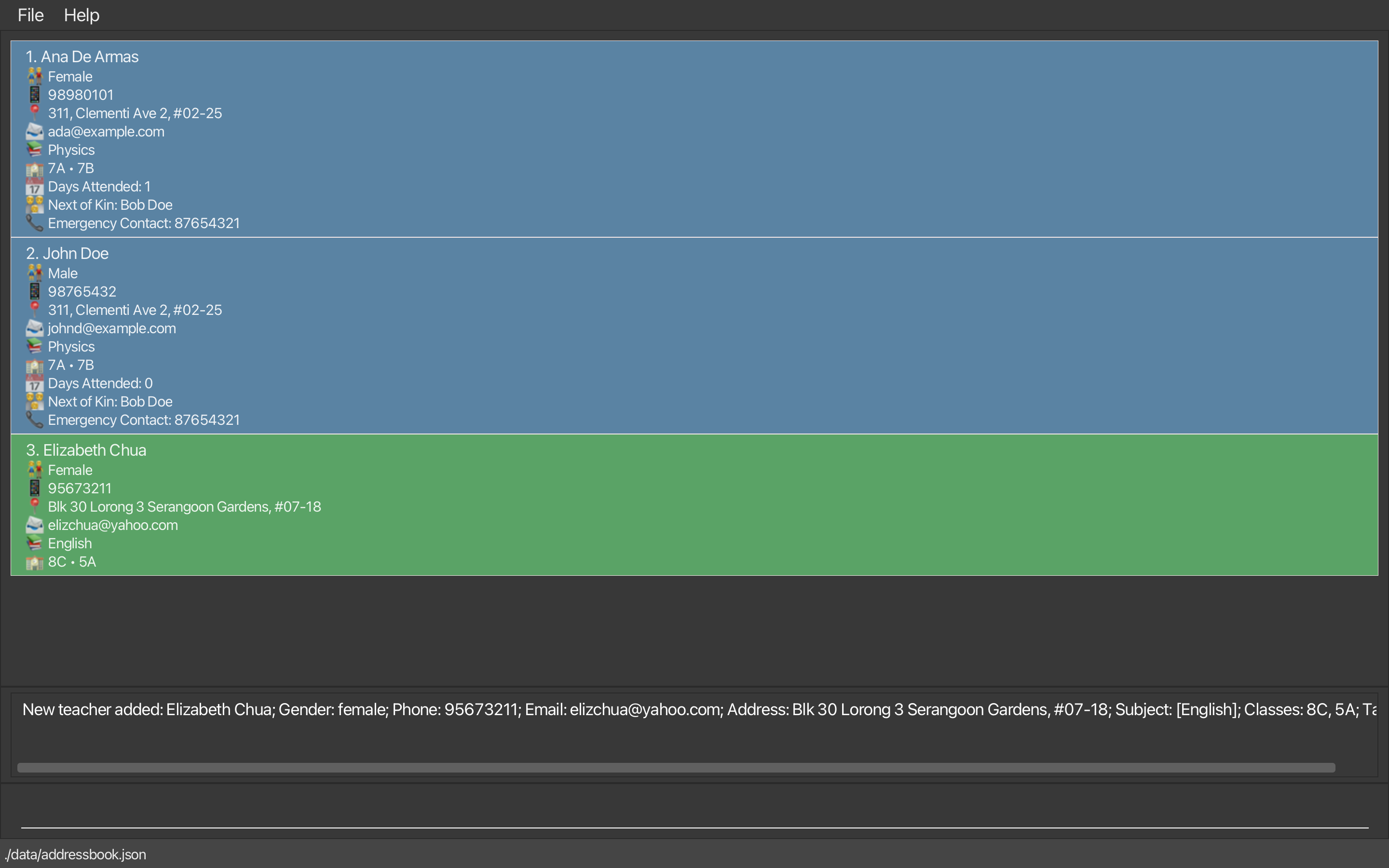 result for addTeacher command example